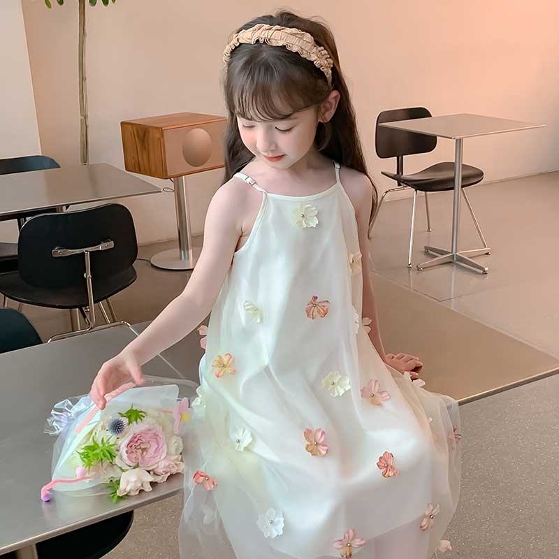 66595 Summer Girls High Quality Flowers Dress Custom Children Clothing Wholesale Sleeveless Beige Floral Dress