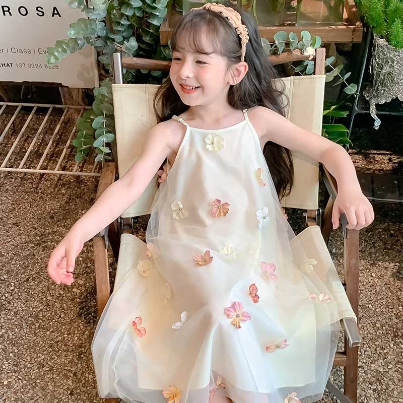 66595 Summer Girls High Quality Flowers Dress Custom Children Clothing Wholesale Sleeveless Beige Floral Dress