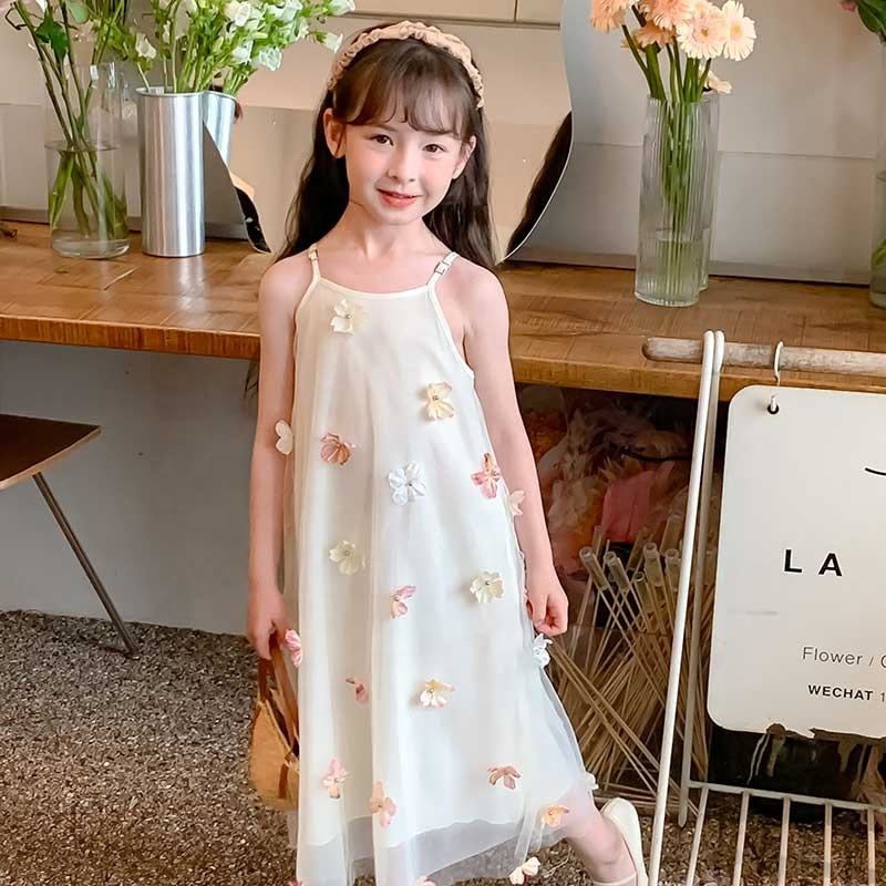 66595 Summer Girls High Quality Flowers Dress Custom Children Clothing Wholesale Sleeveless Beige Floral Dress