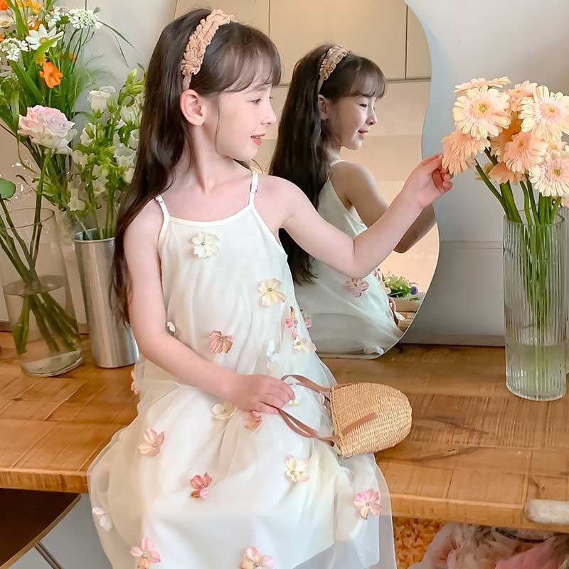 66595 Summer Girls High Quality Flowers Dress Custom Children Clothing Wholesale Sleeveless Beige Floral Dress