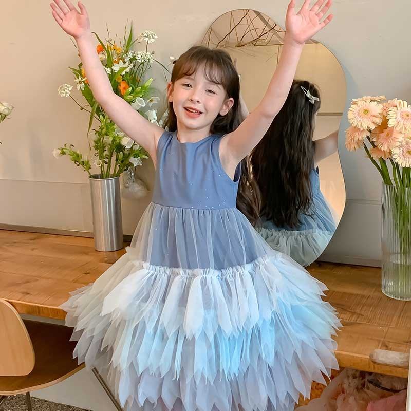 Summer Girls High Quality Solid Dress Custom Children Tassels Clothing Wholesale Sleeveless Blue Dress 66593