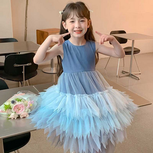 Summer Girls High Quality Solid Dress Custom Children Tassels Clothing Wholesale Sleeveless Blue Dress 66593