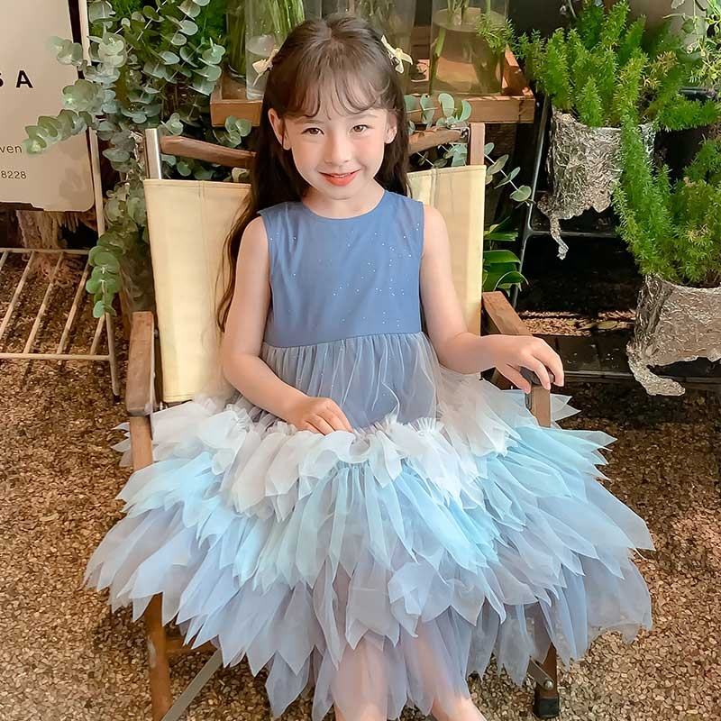 Summer Girls High Quality Solid Dress Custom Children Tassels Clothing Wholesale Sleeveless Blue Dress 66593