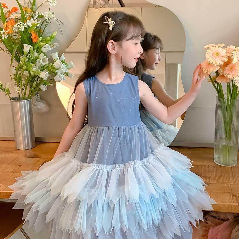 Summer Girls High Quality Solid Dress Custom Children Tassels Clothing Wholesale Sleeveless Blue Dress 66593