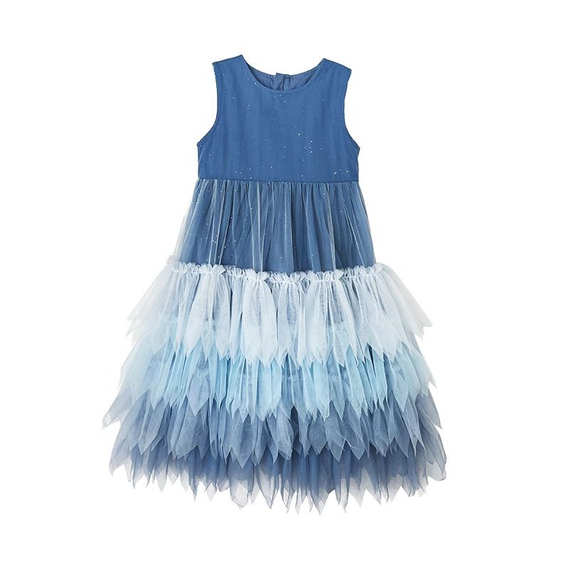 Summer Girls High Quality Solid Dress Custom Children Tassels Clothing Wholesale Sleeveless Blue Dress 66593