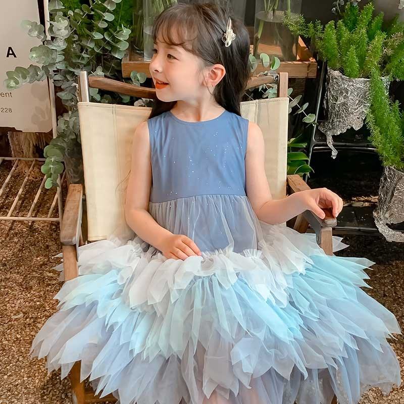 Summer Girls High Quality Solid Dress Custom Children Tassels Clothing Wholesale Sleeveless Blue Dress 66593