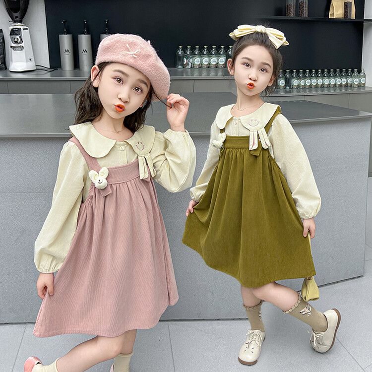 Girls' Adorable Pinafore Dress Set - Long Sleeve Peter Pan Collar Top with Cute Corduroy Jumper Dress