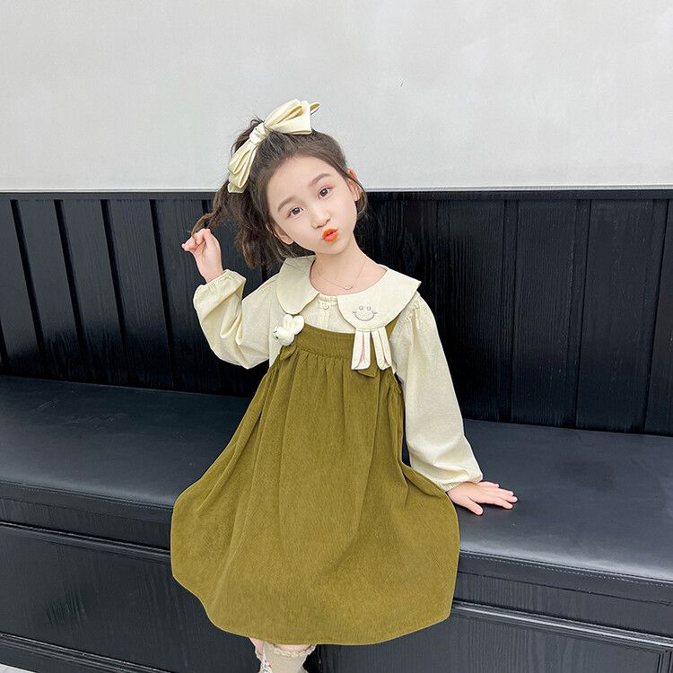 Girls' Adorable Pinafore Dress Set - Long Sleeve Peter Pan Collar Top with Cute Corduroy Jumper Dress