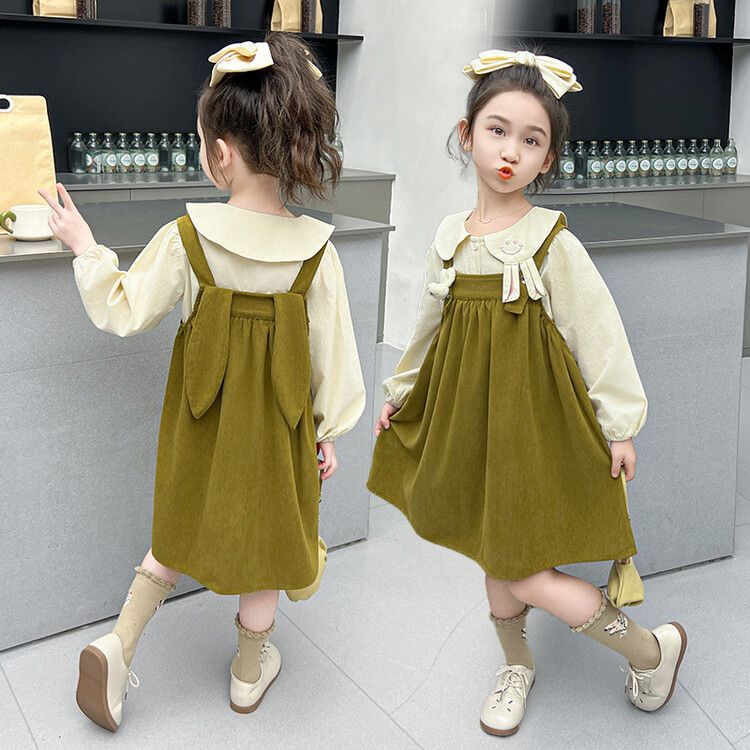 Girls' Adorable Pinafore Dress Set - Long Sleeve Peter Pan Collar Top with Cute Corduroy Jumper Dress