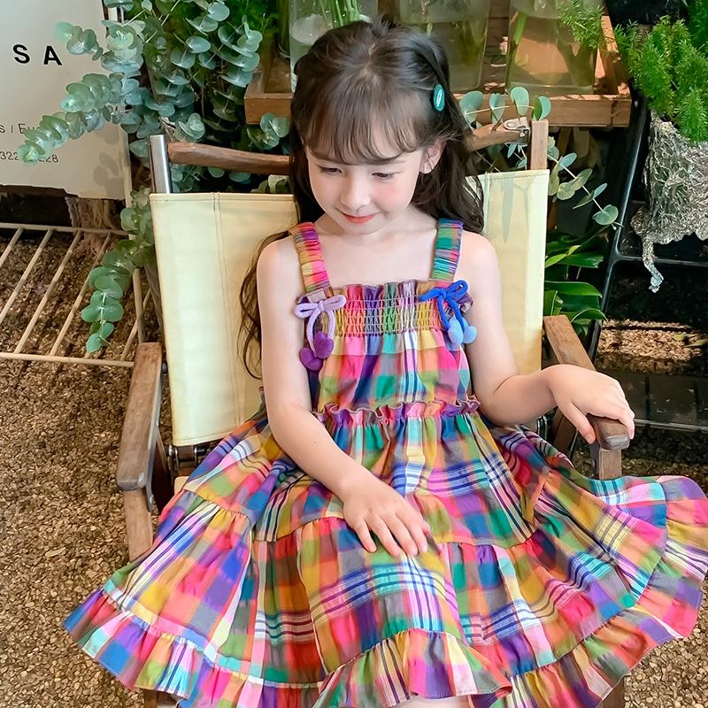 Summer Girls High Quality Red Dress Custom Children Clothing Wholesale Sleeveless Beige Plaid Dress 66592