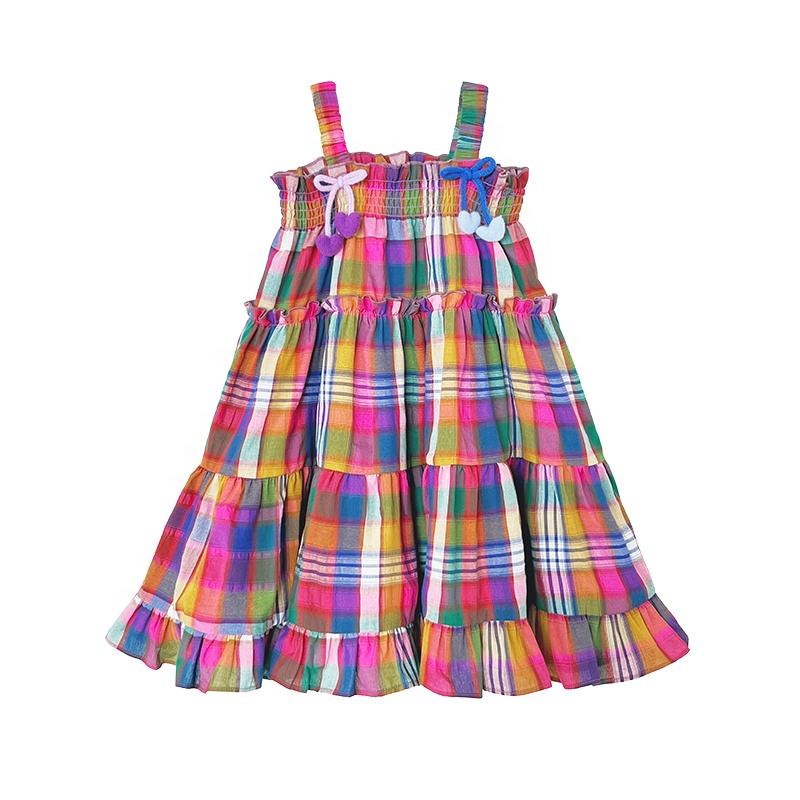 Summer Girls High Quality Red Dress Custom Children Clothing Wholesale Sleeveless Beige Plaid Dress 66592