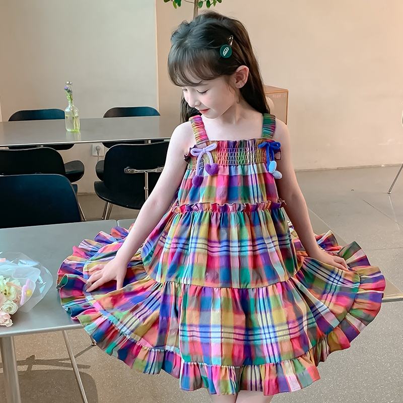 Summer Girls High Quality Red Dress Custom Children Clothing Wholesale Sleeveless Beige Plaid Dress 66592