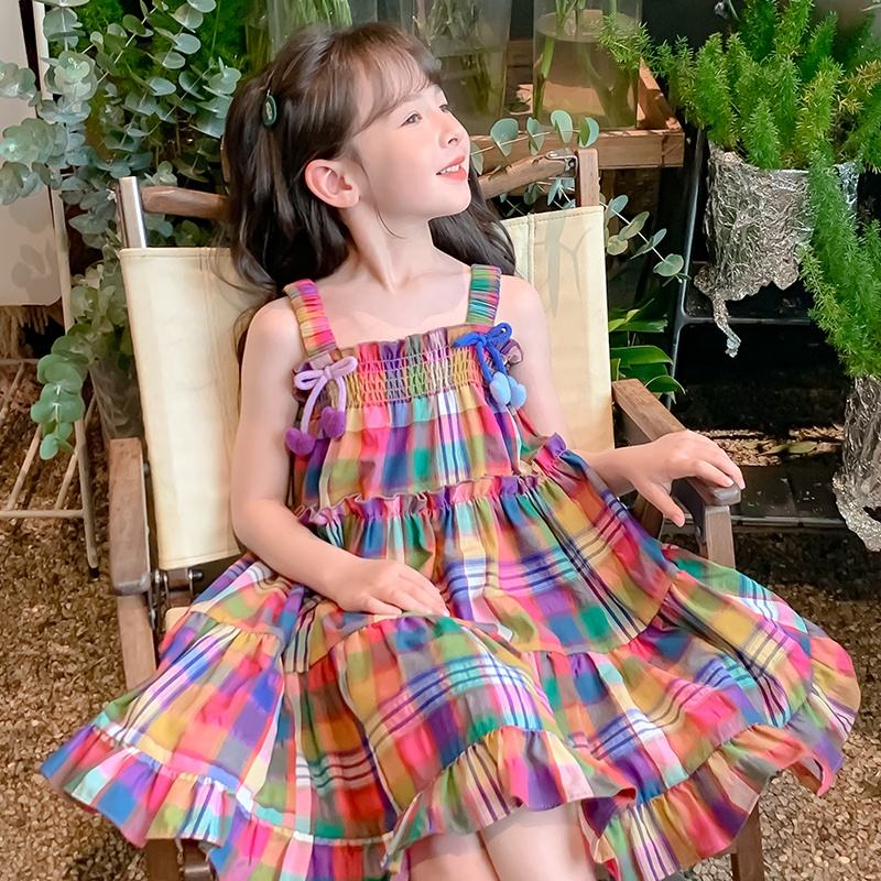 Summer Girls High Quality Red Dress Custom Children Clothing Wholesale Sleeveless Beige Plaid Dress 66592