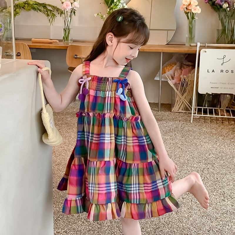 Summer Girls High Quality Red Dress Custom Children Clothing Wholesale Sleeveless Beige Plaid Dress 66592