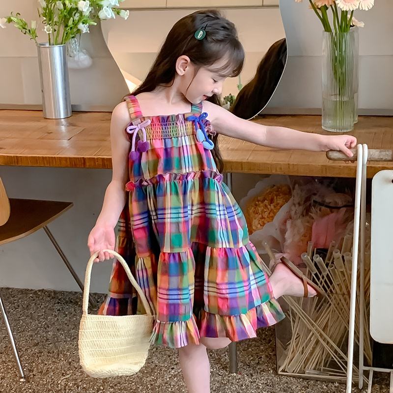 Summer Girls High Quality Red Dress Custom Children Clothing Wholesale Sleeveless Beige Plaid Dress 66592