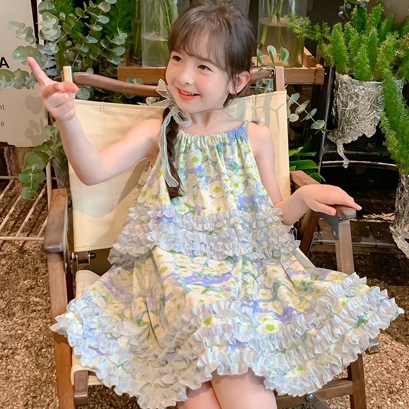 Summer Girls High Quality Flowers Dress Custom Children Clothing Wholesale Sleeveless Beige Floral Dress 66591