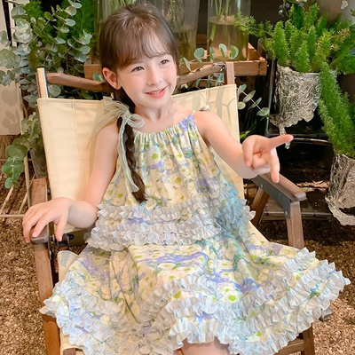 Summer Girls High Quality Flowers Dress Custom Children Clothing Wholesale Sleeveless Beige Floral Dress 66591