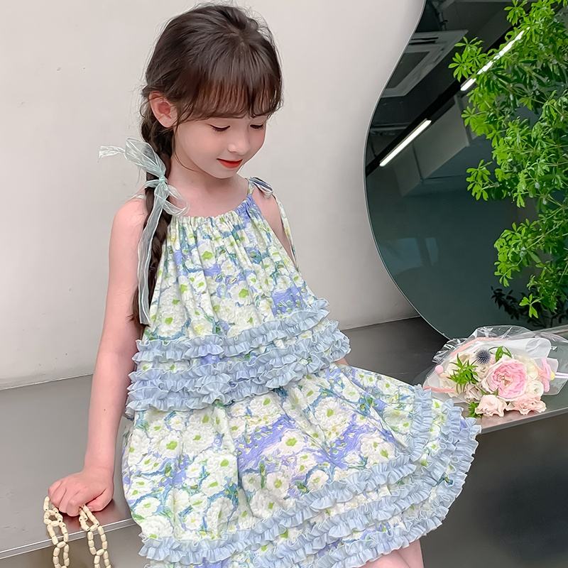 Summer Girls High Quality Flowers Dress Custom Children Clothing Wholesale Sleeveless Beige Floral Dress 66591