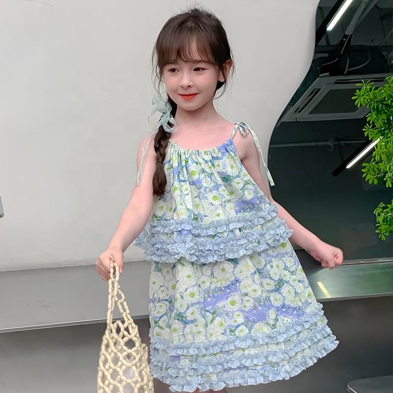 Summer Girls High Quality Flowers Dress Custom Children Clothing Wholesale Sleeveless Beige Floral Dress 66591