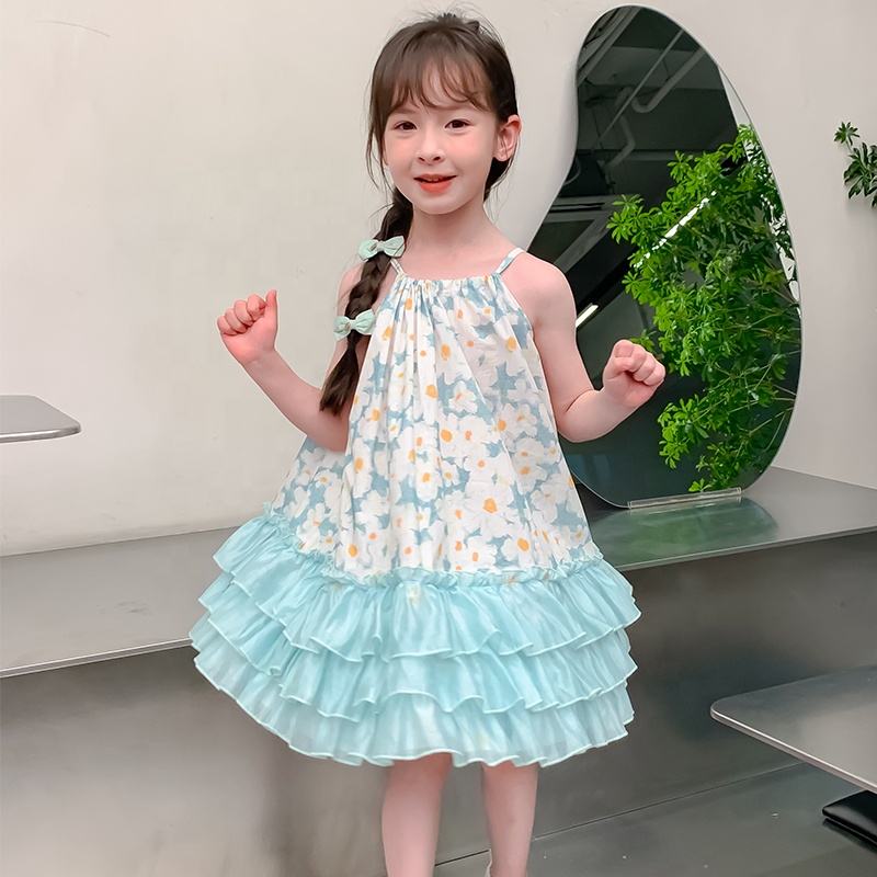 Summer Girls High Quality Flowers Dress Custom Children Clothing Wholesale Sleeveless Beige Floral Dress 66590