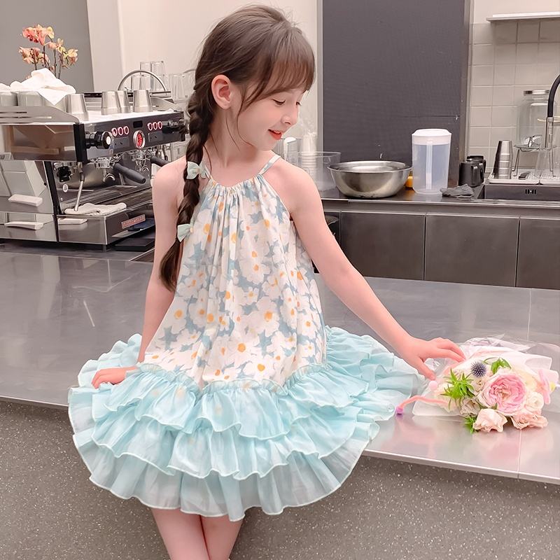 Summer Girls High Quality Flowers Dress Custom Children Clothing Wholesale Sleeveless Beige Floral Dress 66590