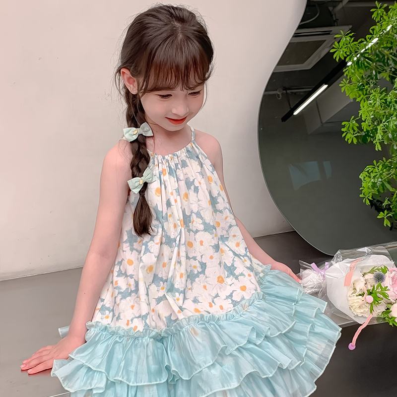 Summer Girls High Quality Flowers Dress Custom Children Clothing Wholesale Sleeveless Beige Floral Dress 66590