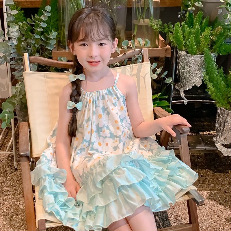 Summer Girls High Quality Flowers Dress Custom Children Clothing Wholesale Sleeveless Beige Floral Dress 66590