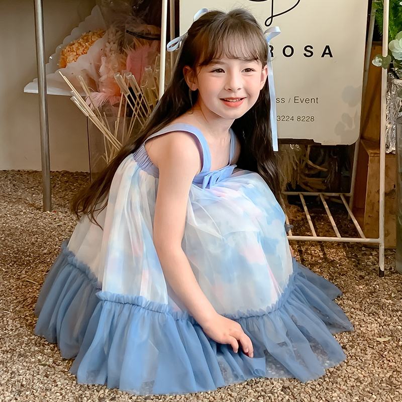 Summer Girls High Quality Solid Dress Custom Children Tassels Clothing Wholesale Sleeveless Blue Dress 66589