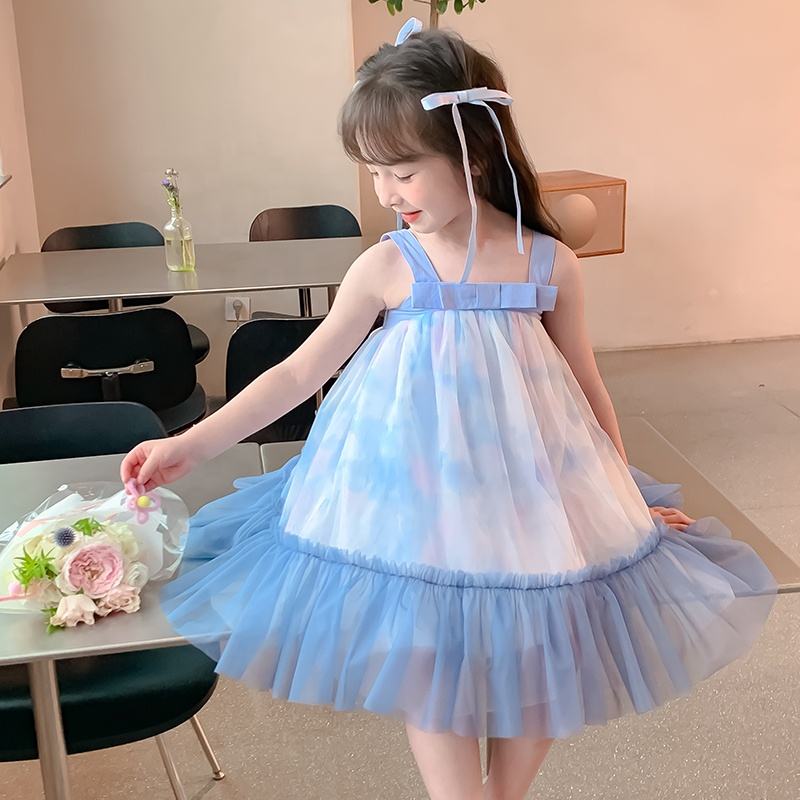 Summer Girls High Quality Solid Dress Custom Children Tassels Clothing Wholesale Sleeveless Blue Dress 66589