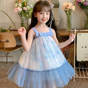 Summer Girls High Quality Solid Dress Custom Children Tassels Clothing Wholesale Sleeveless Blue Dress 66589