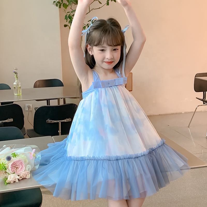 Summer Girls High Quality Solid Dress Custom Children Tassels Clothing Wholesale Sleeveless Blue Dress 66589