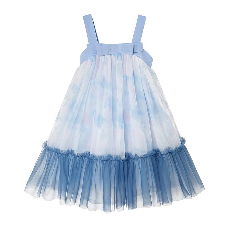 Summer Girls High Quality Solid Dress Custom Children Tassels Clothing Wholesale Sleeveless Blue Dress 66589