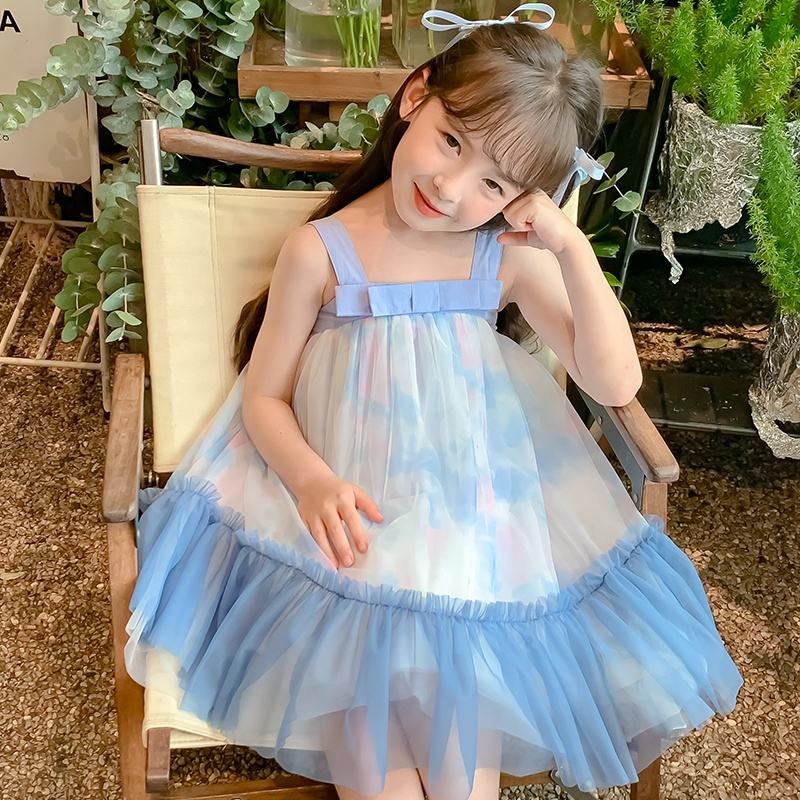 Summer Girls High Quality Solid Dress Custom Children Tassels Clothing Wholesale Sleeveless Blue Dress 66589