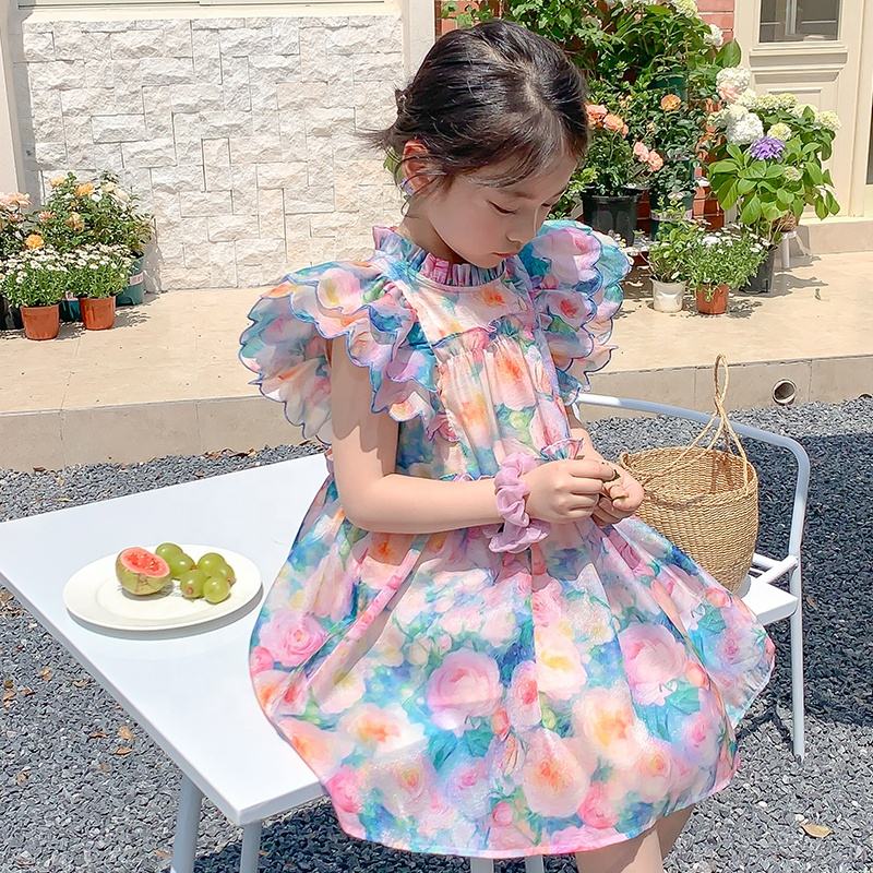 Summer Girls High Quality Red Dress Custom Rose Flowers Children Clothing Wholesale Pattern Sleeveless Red Floral Dress 66408