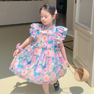 Summer Girls High Quality Red Dress Custom Rose Flowers Children Clothing Wholesale Pattern Sleeveless Red Floral Dress 66408