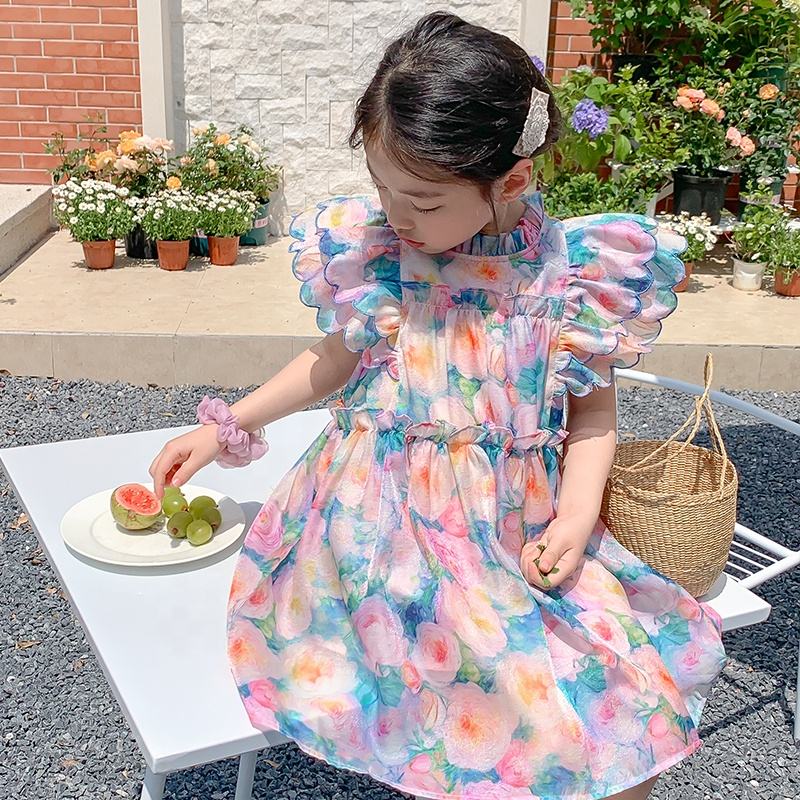 Summer Girls High Quality Red Dress Custom Rose Flowers Children Clothing Wholesale Pattern Sleeveless Red Floral Dress 66408