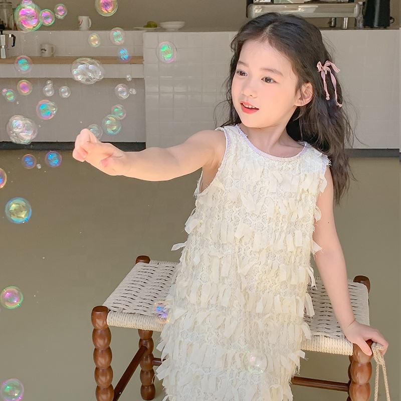 Summer Girls High Quality Solid Dress Custom Children Tassels Clothing Wholesale Sleeveless Beige Dress 66426