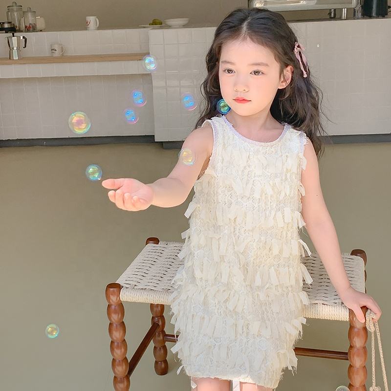 Summer Girls High Quality Solid Dress Custom Children Tassels Clothing Wholesale Sleeveless Beige Dress 66426