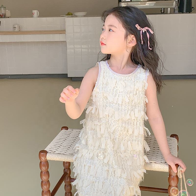 Summer Girls High Quality Solid Dress Custom Children Tassels Clothing Wholesale Sleeveless Beige Dress 66426