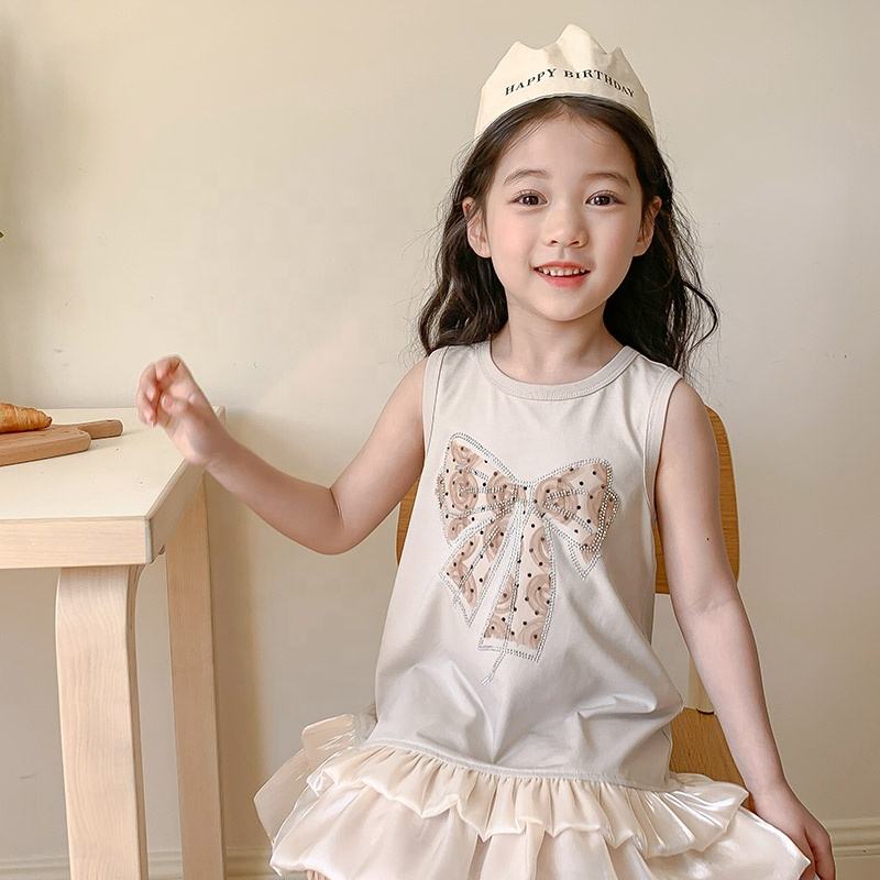 Summer Girls High Quality Solid Dress Custom Children Clothing Wholesale Sleeveless Bows Beige Dress 66469