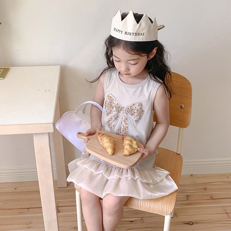 Summer Girls High Quality Solid Dress Custom Children Clothing Wholesale Sleeveless Bows Beige Dress 66469