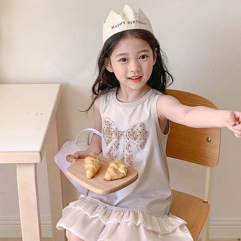 Summer Girls High Quality Solid Dress Custom Children Clothing Wholesale Sleeveless Bows Beige Dress 66469