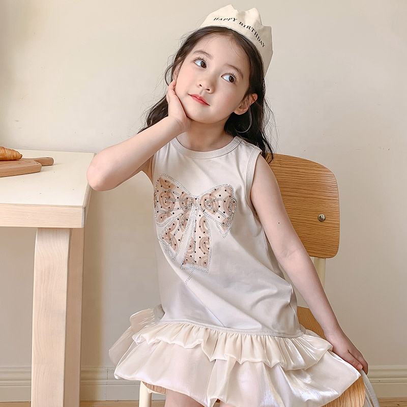 Summer Girls High Quality Solid Dress Custom Children Clothing Wholesale Sleeveless Bows Beige Dress 66469