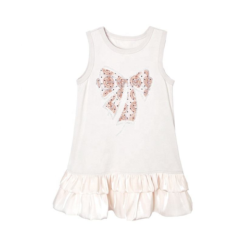 Summer Girls High Quality Solid Dress Custom Children Clothing Wholesale Sleeveless Bows Beige Dress 66469