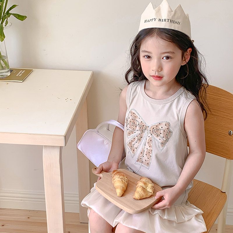 Summer Girls High Quality Solid Dress Custom Children Clothing Wholesale Sleeveless Bows Beige Dress 66469