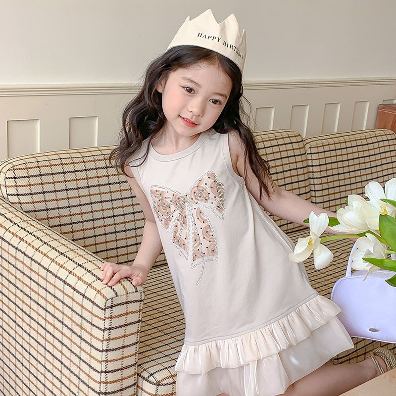 Summer Girls High Quality Solid Dress Custom Children Clothing Wholesale Sleeveless Bows Beige Dress 66469