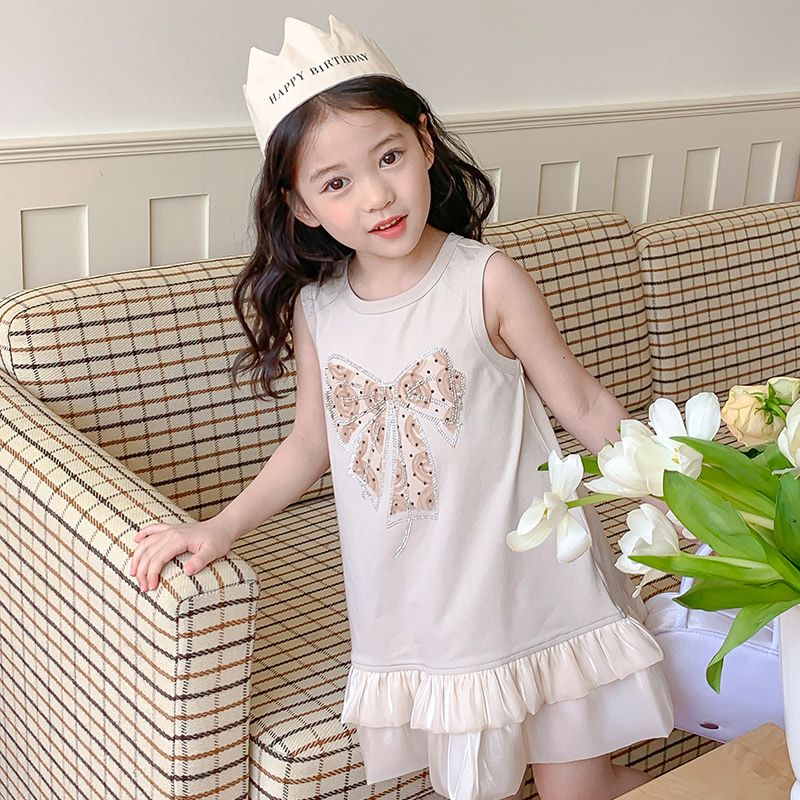 Summer Girls High Quality Solid Dress Custom Children Clothing Wholesale Sleeveless Bows Beige Dress 66469