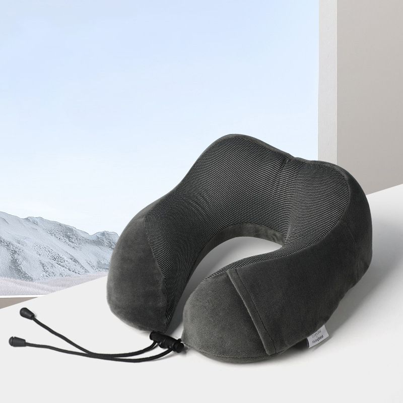 Ergonomic Memory Foam Travel Neck Pillow - U-Shaped Soft Velvet Cover Adjustable Strap Pillow