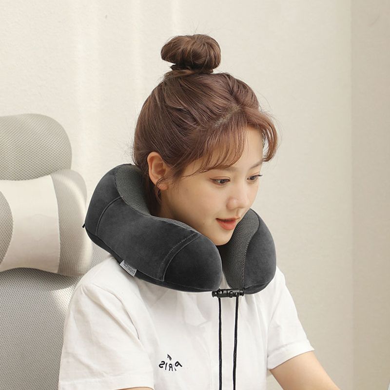 Ergonomic Memory Foam Travel Neck Pillow - U-Shaped Soft Velvet Cover Adjustable Strap Pillow