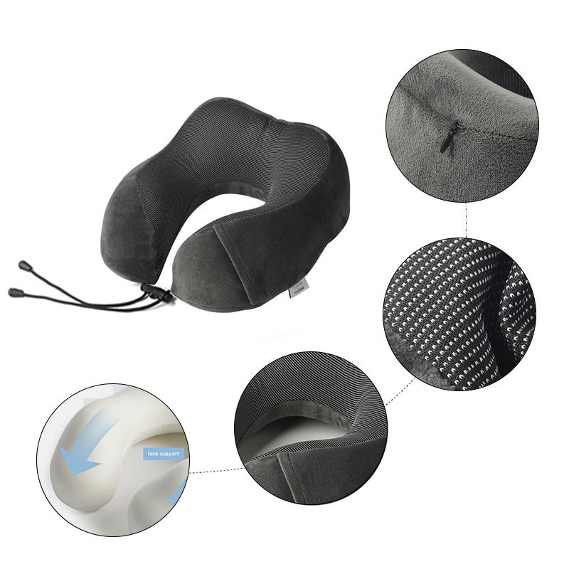 Ergonomic Memory Foam Travel Neck Pillow - U-Shaped Soft Velvet Cover Adjustable Strap Pillow